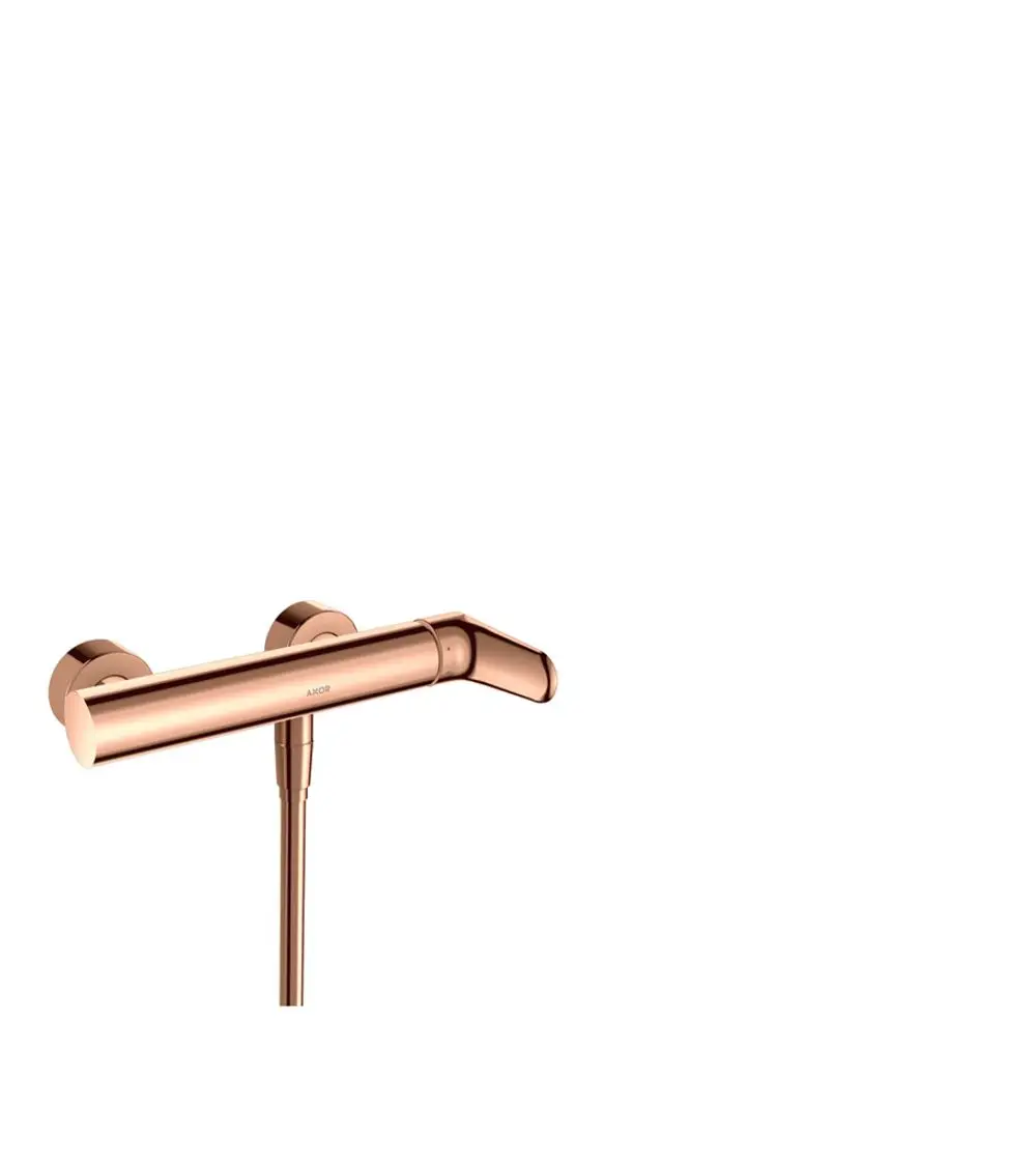 Aufputz-Brausemischer in Polished Red Gold von AXOR, mit einem schlanken, modernen Design und einem seitlich ausgerichteten Wasserhahn.